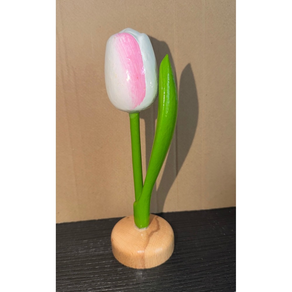 Hand Painted Wooden Tulip Figurine Pink White Flower Decorative Wood Statue 7 in